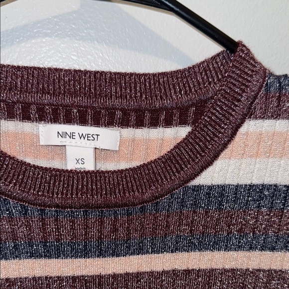 Nine West XS Metallic Striped Crew Neck Sweater Cream, Blue - Picture 2 of 8